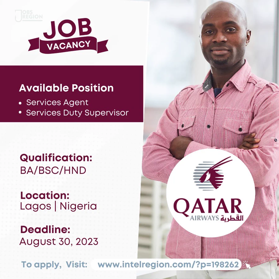 jobsregion's tweet photo. JOBS EXPIRING TODAY!

A THREAD🧵

1. Qatar Airways Latest Jobs

Qualification: HND | Bachelor's Degree 

Location: Lagos | Nigeria

Deadline: August 30, 2023

Apply: https://t.co/jwAZyvMrKx https://t.co/bgBFuujiZZ