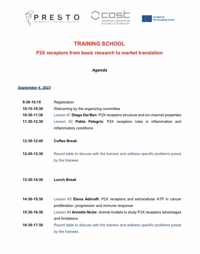 prestocostcomms's tweet image. The programme for our training school is available: “P2X receptors from basic research to market translation” held in #Pisa 4th-5th September #PRESTO #prestocost2023  #p2xreceptors #therapeutictargets #eucostfunding