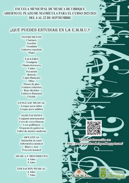 EMMUBRIQUE's tweet photo. ¡¡ Matrícula curso 23/24 !!
Abierto plazo del 4 al 22 de septiembre de 2023, toda la información en: https://t.co/Gbx4jF0PRE /#ubrique #matricula #musica #curso23/24 @aytoubrique @EMMUBRIQUE https://t.co/9cfvKdPKSL