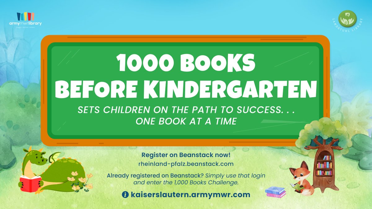 📚 Join #1000BooksBeforeKindergarten online program for families with kids ages infant to 5! 🧒📖 Start Sep. 1 at Landstuhl Library. Read, learn, succeed! 🏫🌟 #EarlyLiteracy #ReadingForKids

kaiserslautern.armymwr.com/happenings/100…
#ArmyMWRCares #funwithmwr