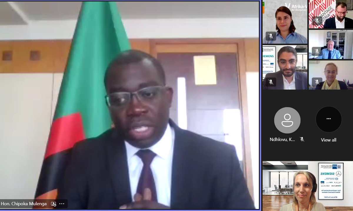 "Zambia should be on the radar for German companies in Southern Africa"
Hon. Chipoka Mulenge, Minister of Commerce, Trade &amp; Industry emphasized the focus on local value addition, processing of raw materials and enlarging the green energy sector at yesterday's webinar on #Zambia.