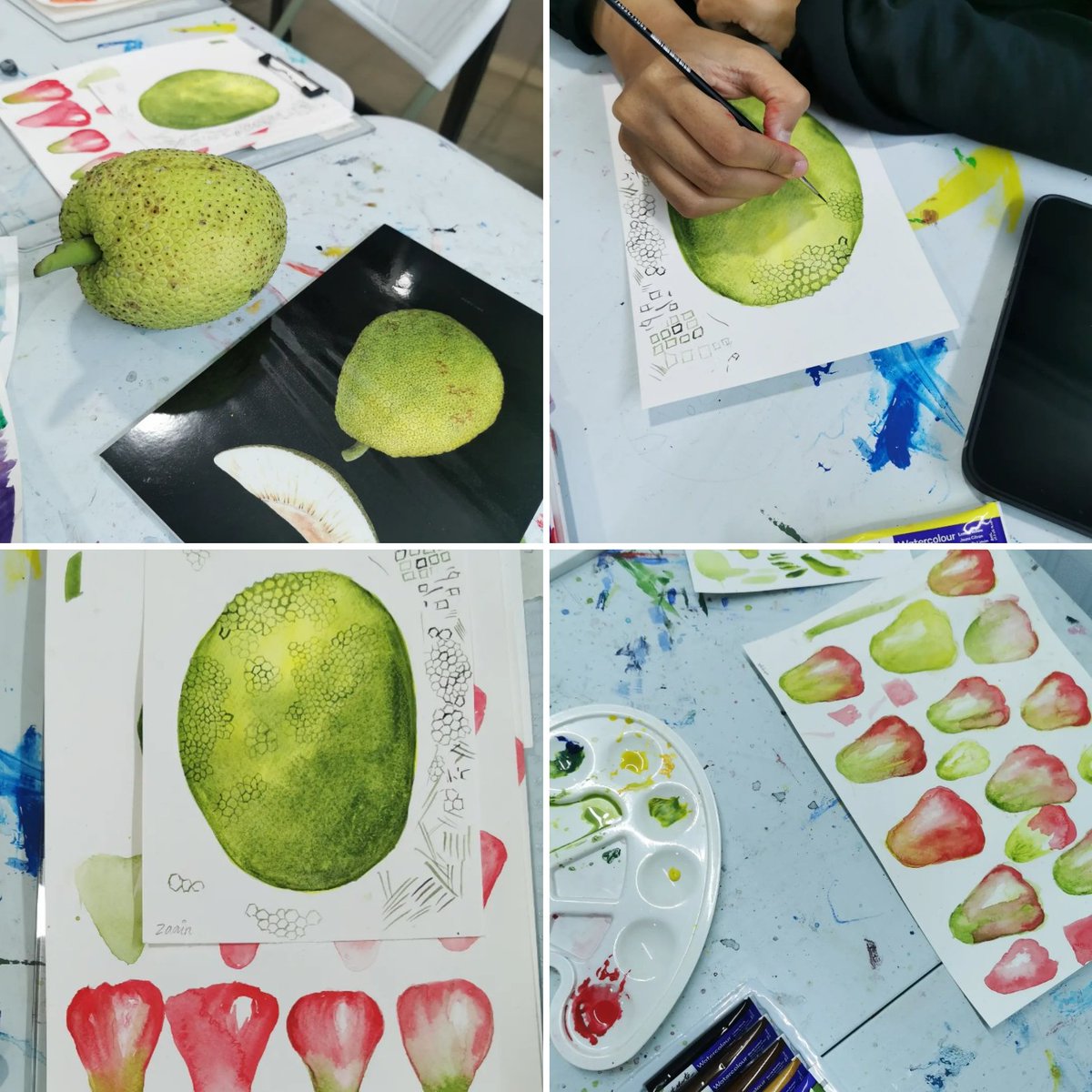 Watercolor Botanical Art workshop is going so well. We are practicing to mix greens and do different techniques with watercolor. To improve observing skills and to know the textures of different fruits i took some fruits to study them before starting to paint.
