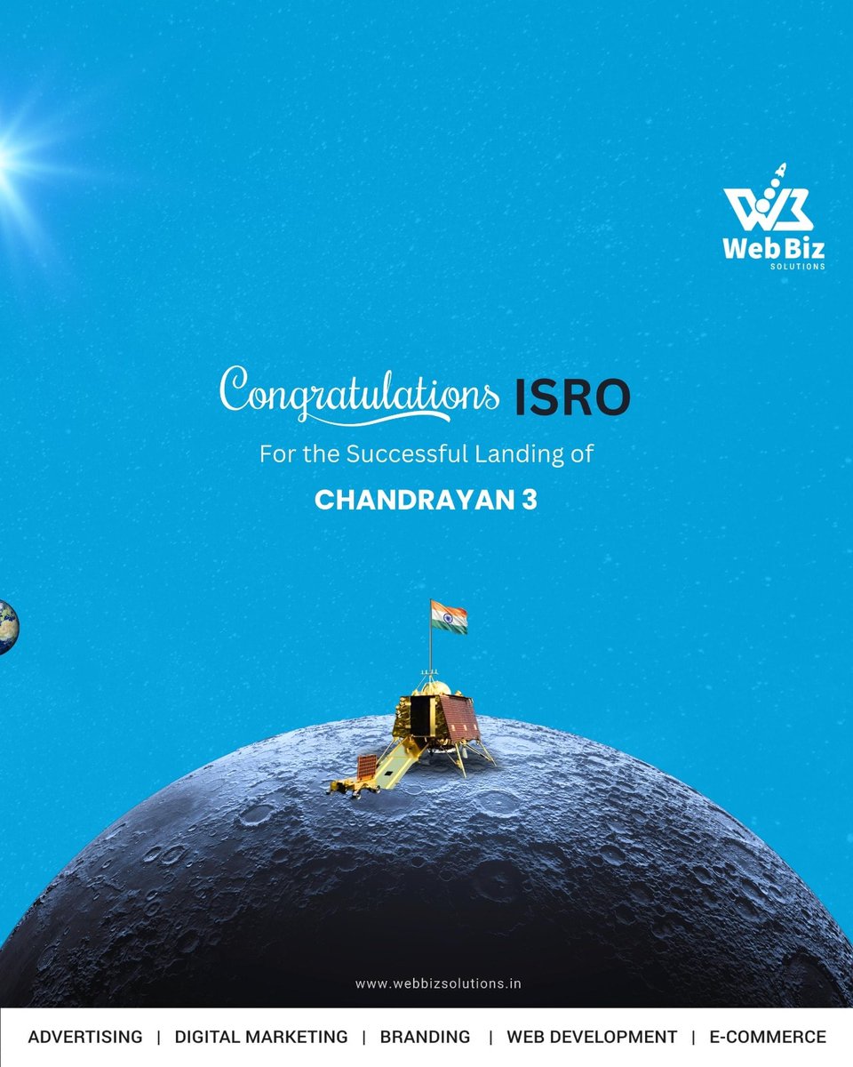webbizzsolution's tweet photo. “Team Web Biz Solutions” congratulates the ISRO 📷 India for their phenomenal victory. 📷📷📷📷
#webbizsolutions #proudmoment #chandryaan3 #successfullylanded #chandryaan3 #isro #hindustaanzindabad #chandrayaan_3 #business #digitalmarketing #socialmedia #marketingstrategy https://t.co/VcJ3wzl7TU