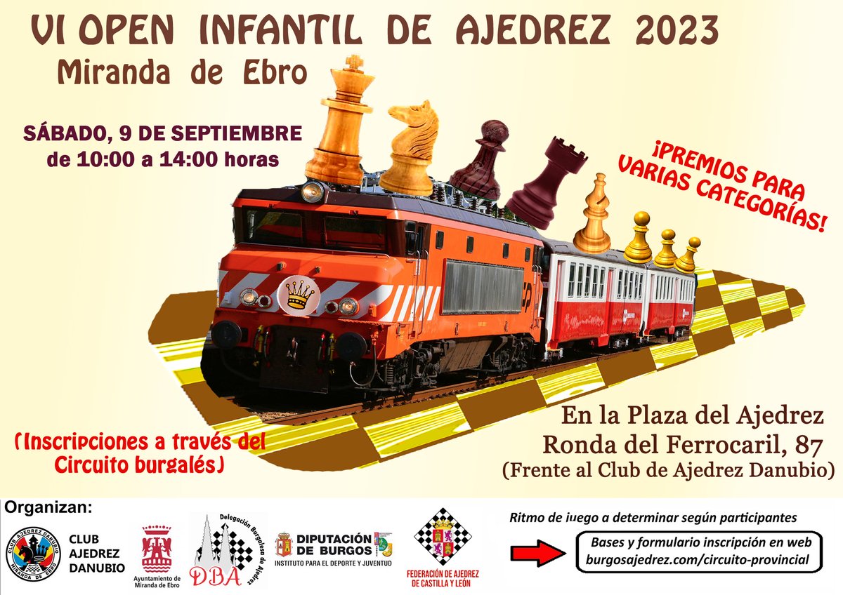 Se acerca el torneo infantil de ajedrez de las fiestas de septiembre de Miranda de Ebro. ¡¡A animarse chavales!!!♟♟♟♟