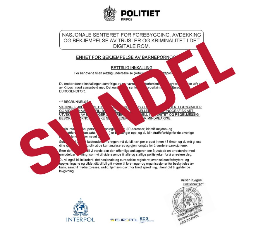 De siste dagene har vi fått veldig mange henvendelser fra fortvilte personer som tror at de har fått e-post fra Kripos. 

Vi har stor forståelse for at det er ubehagelig å få en slik e-post. Den er ikke fra Kripos. Det er forsøk på svindel. Slett den. 

politiet.no/aktuelt-tall-o…