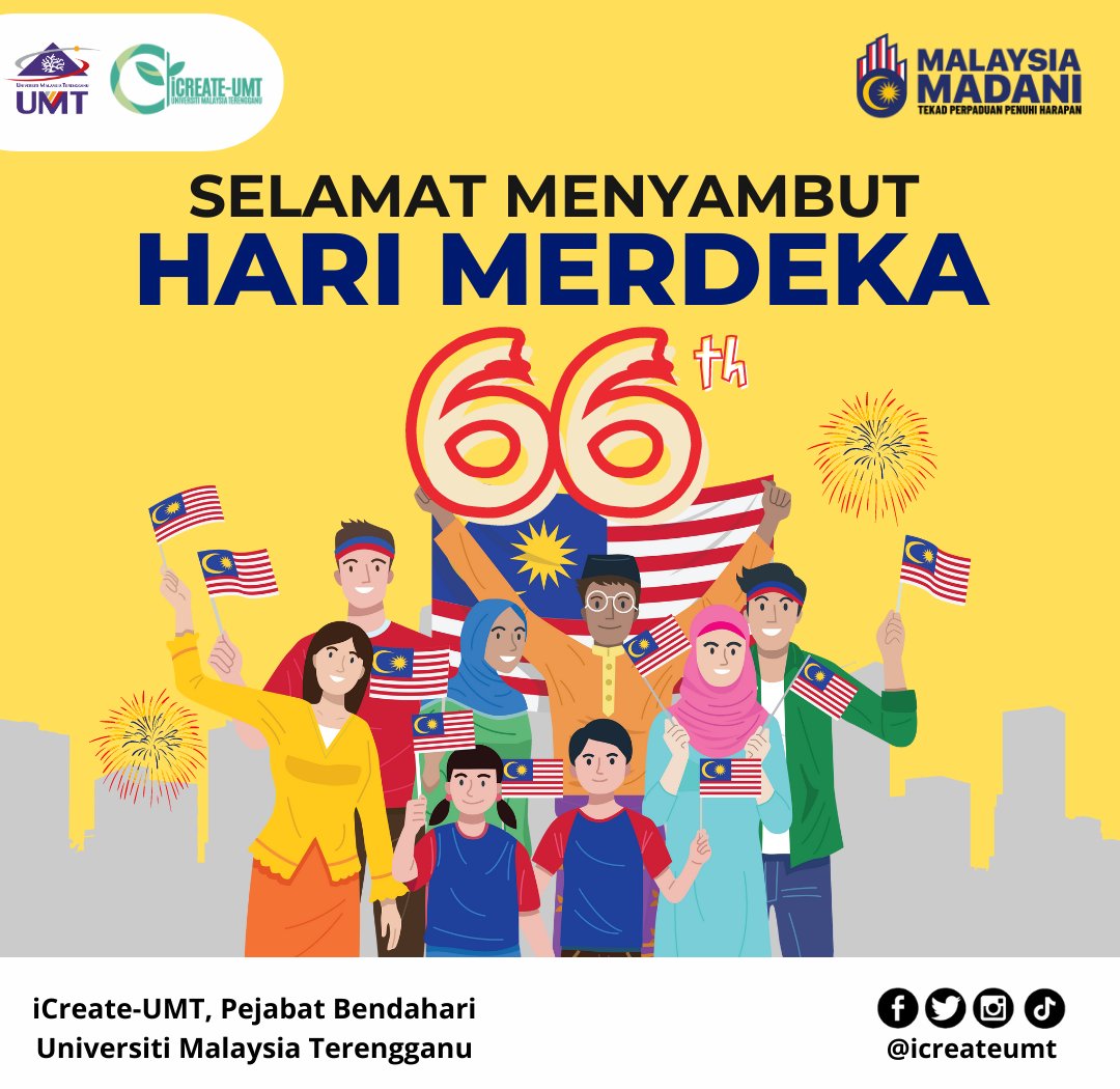 IcreateU's tweet image. SELAMAT MENYAMBUT HARI KEMERDEKAAN YANG KE-66

Bersyukur Kita Menjadi Rakyat Malaysia,
Bumi Bertuah Indah Permai,
66 Tahun Kita Merdeka,
Rakyat Hidup Aman Damai.

Ikhlas daripada warga iCreate-UMT
#icreate #icreateUMT #umt #umtsohor #umtincomecreator #merdeka #malaysia