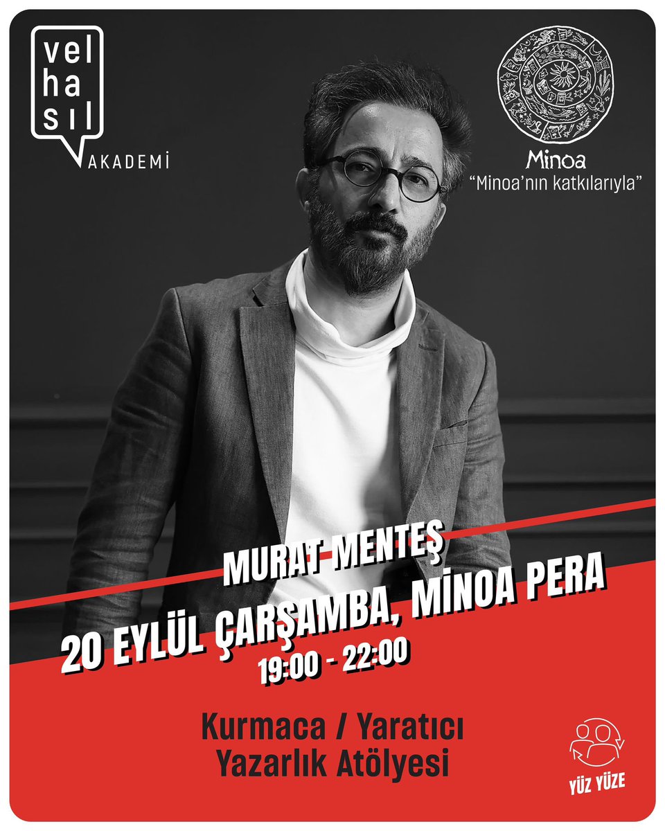 Kıymetli romancı Murat Menteş’in “YÜZ YÜZE” kurmaca / yaratıcı yazarlık dersleri VELHASIL AKADEMİ’de. Kayıtlarımız başlamıştır 🔔
Derslerimiz kontenjan dahilindedir. Katılım bilgisi ve detaylar için 05331518711 no’lu iletişim hattımıza whatsapp üzerinden ulaşınız😊
<a href="/MentesMurat/">Murat Menteş</a>