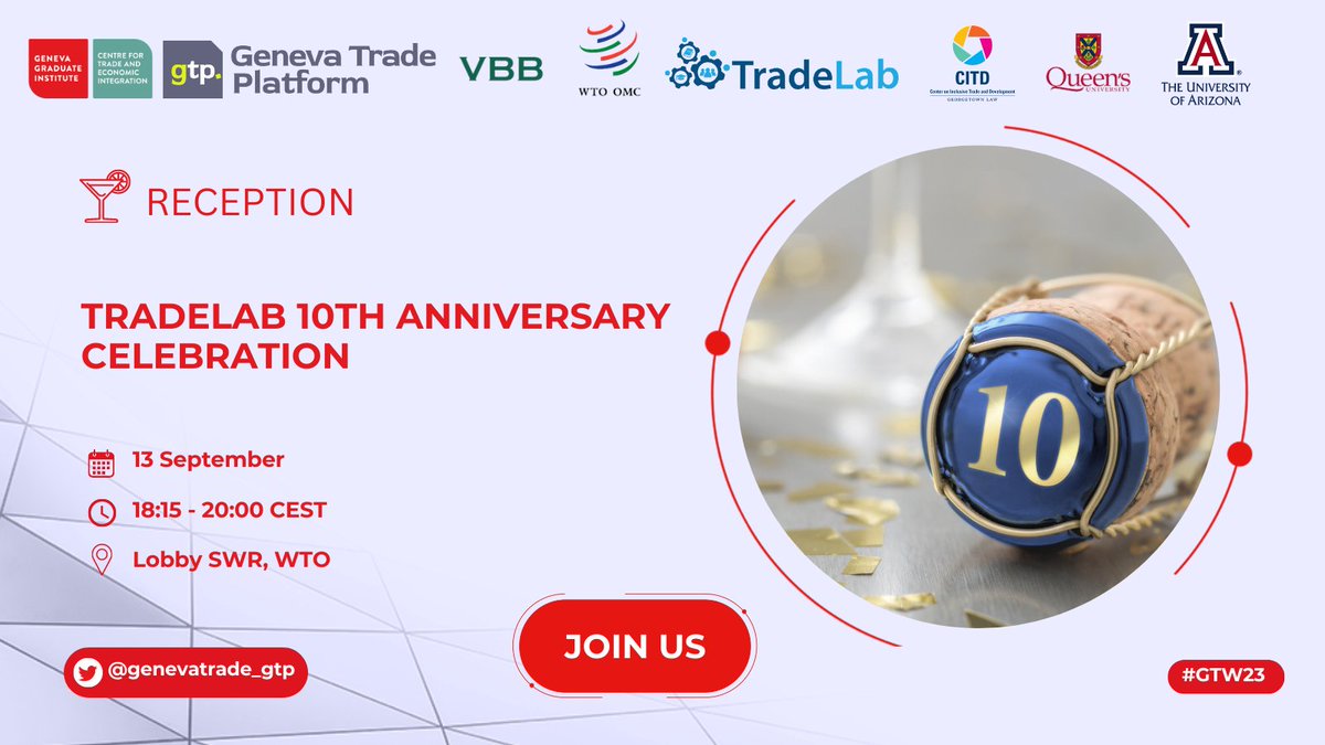 Geneva Trade Platform (@genevatrade_gtp) on Twitter photo On September 13, <a href="/TradeLabGeneva/">TradeLab</a> welcomes you to celebrate a decade of it's existence in a reception hosted together with <a href="/_CTEI/">CTEI</a>, GTP <a href="/VanBaelBellis/">Van Bael & Bellis</a>, <a href="/wto/">WTO</a> , <a href="/uarizona/">University of Arizona</a> , <a href="/queensu/">Queen's University</a> & <a href="/CitdGeorgetown/">CITDGeorgetown</a> @WTO Lobby, Salle Willam Rappard #GTW23
👉Join us: bit.ly/3EiKGId On September 13, <a href="/TradeLabGeneva/">TradeLab</a> welcomes you to celebrate a decade of it's existence in a reception hosted together with <a href="/_CTEI/">CTEI</a>, GTP <a href="/VanBaelBellis/">Van Bael & Bellis</a>, <a href="/wto/">WTO</a> , <a href="/uarizona/">University of Arizona</a> , <a href="/queensu/">Queen's University</a> & <a href="/CitdGeorgetown/">CITDGeorgetown</a> @WTO Lobby, Salle Willam Rappard #GTW23
👉Join us: bit.ly/3EiKGId