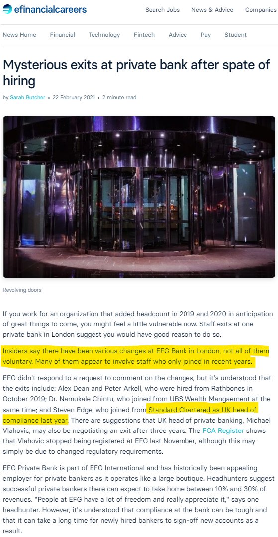 ParrotCapital's tweet photo. #BSIBank was acquired by #EFGInternational making a mega-group of private Swiss banking. There's high turnover at the bank and another 🚩 is that #StandardChartered and Compliance don't mix, yet that hasn't stopped #Coinbase $COIN from getting cozy with known sanctions violators. https://t.co/qlnDOXsl3d