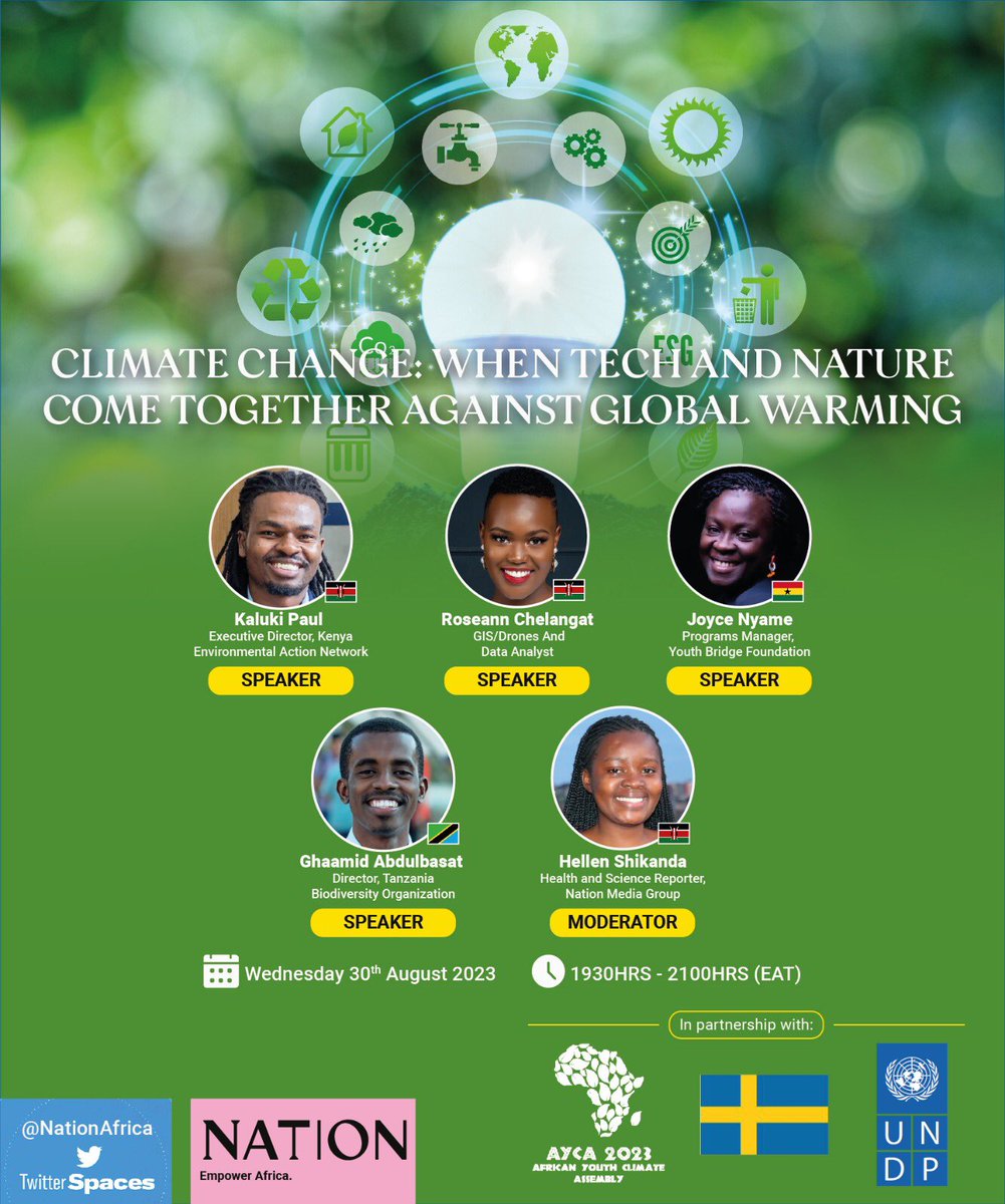 Join us tonight at 7:30pm EAT 🕢 for a #TwitterSpace as we discuss what happens when tech and nature come together against global warming. 

Link: x.com/i/spaces/1MYxN…
#ACS23
#AYCA23
#NationClimate