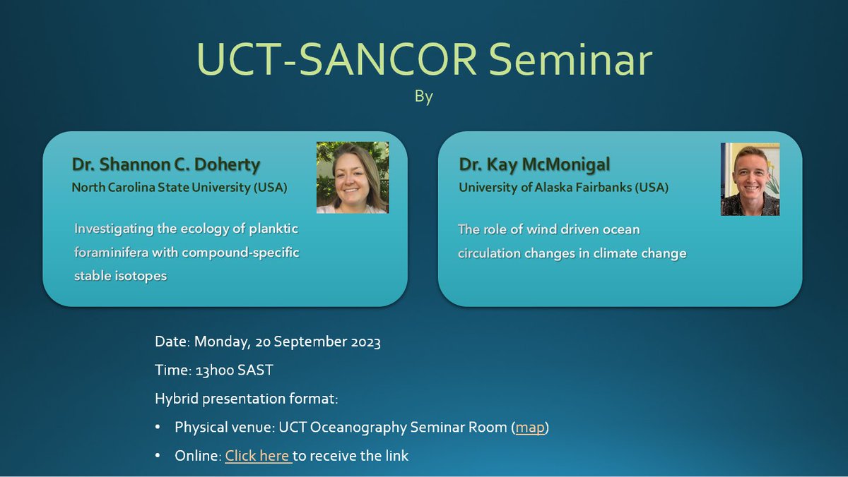 SANCORcommunity's tweet photo. Join us for a webinar on planktic #foraminifera & the role of wind driven #ocean circulation changes in #climatechange
Featuring Dr Shannon C. Doherty @ncstatemeas &
Dr Kay Mcmonigal @UAFcfos
ποΈWed, 20 Sep 2023 | 1pm SAST
In person & online option at UCT
https://t.co/QhezS6csBY https://t.co/1u4gB5rALM