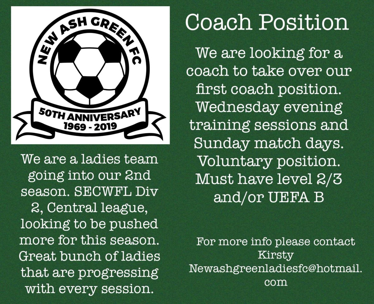 Super bunch of ladies who have done amazingly well in their first season. These girls work so hard and desperately need a new coach as theirs has unfortunately left just before the season starts. 
If anyone can help please get in touch ⚽️