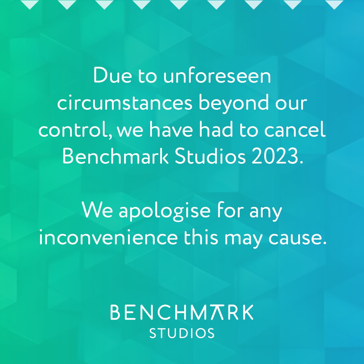 BenchmarkConf's tweet image. We have some disappointing news regarding Benchmark Studios. Unfortunately, due to unforeseen circumstances outside our control we have had to cancel the event.

We apologise for any inconvenience caused at this short notice.

Thanks for your patience and understanding.