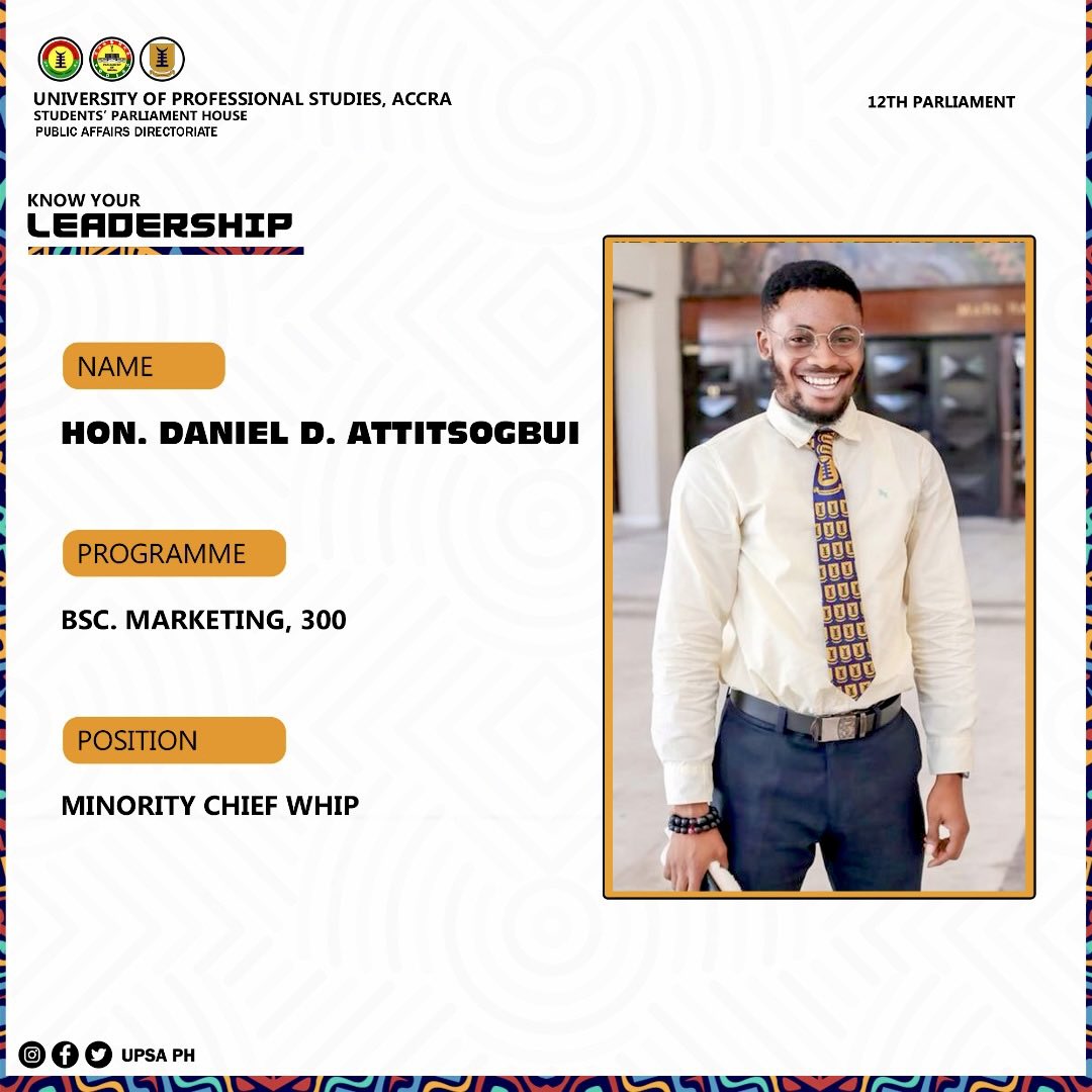 upsaph's tweet photo. Congratulations to Hon. Daniel D. Attitsogbui (Chief), Hon. Janet Nyarko (1st Deputy) and Hon. Emmanuel Boadi (2nd Deputy) on your win as the Minority Chief Whip, 1st Deputy Minority whip and 2nd Deputy Minority whip of the 12th UPSA Students PH 
We say Ayekoo and serve well. https://t.co/92STMb5E0q