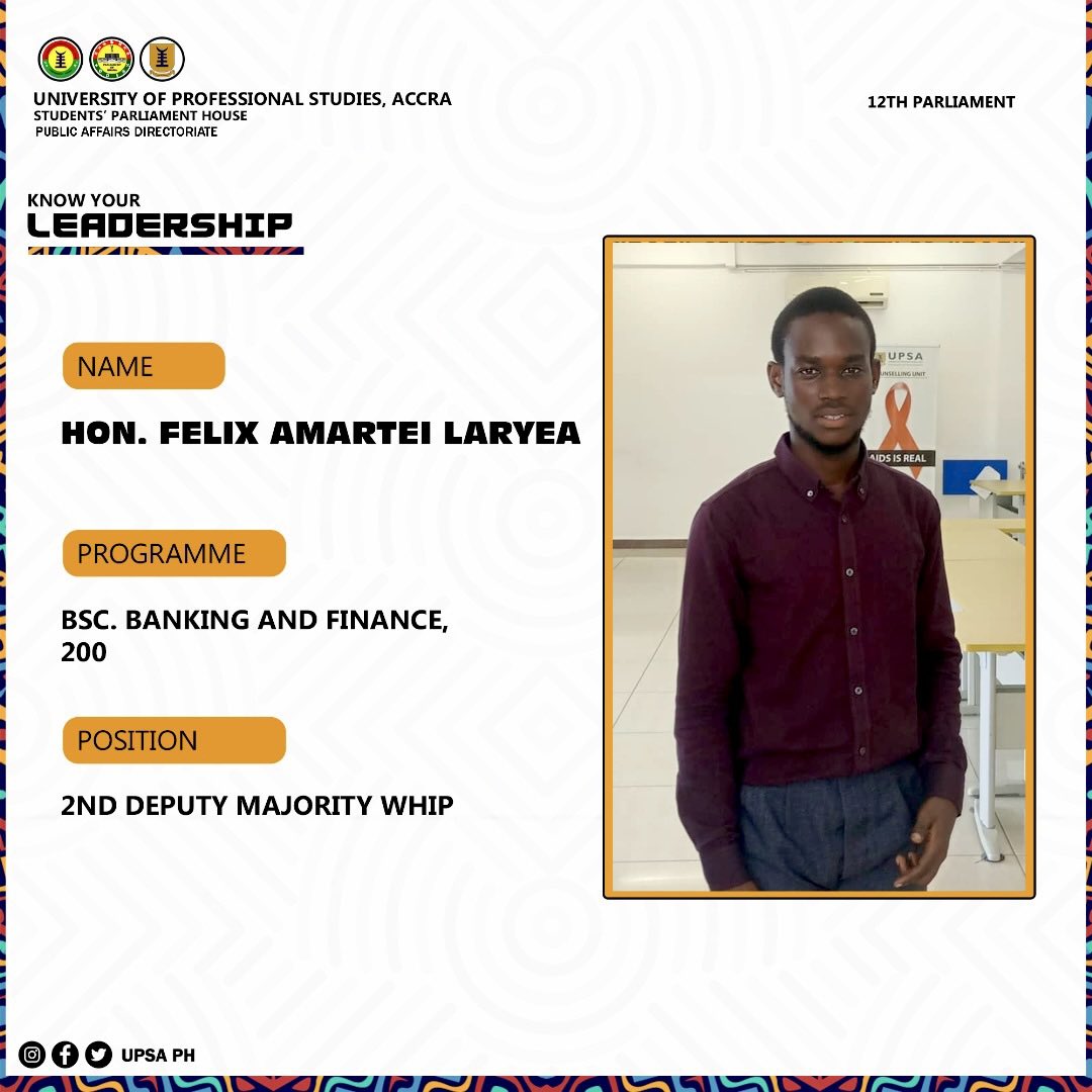 upsaph's tweet photo. Congratulations to Hon. Muniru Nasara (Chief), Hon. Ade Sylvester Kwaku (1st Deputy) and Hon. Felix Amartei Laryea (2nd Deputy) on your win as the Majority Chief Whip, 1st Deputy Majority whip and 2nd Deputy Majority whip of the 12th UPSA Students PH
We say Ayekoo and serve well https://t.co/opF4wiNmB1