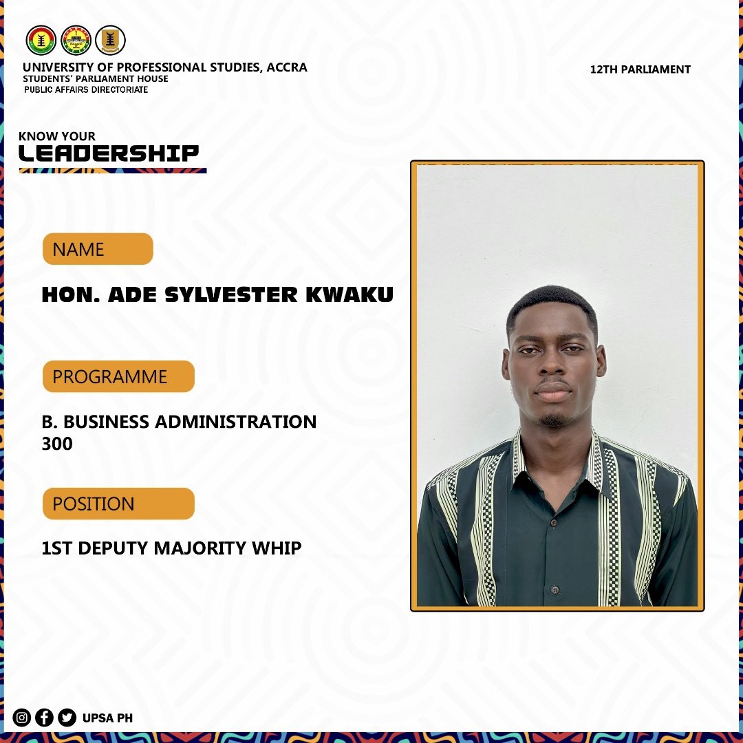 upsaph's tweet photo. Congratulations to Hon. Muniru Nasara (Chief), Hon. Ade Sylvester Kwaku (1st Deputy) and Hon. Felix Amartei Laryea (2nd Deputy) on your win as the Majority Chief Whip, 1st Deputy Majority whip and 2nd Deputy Majority whip of the 12th UPSA Students PH
We say Ayekoo and serve well https://t.co/opF4wiNmB1