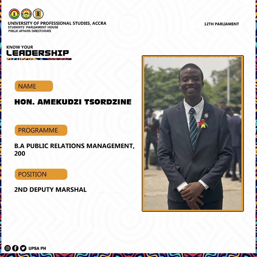 upsaph's tweet photo. Congratulations to Hon. Aduamah Opare Edwin (Chief), Hon. Abdul Mumuni Yussif (1st Deputy) and Hon. Amekudzi Tsordzine (2nd Deputy) on your win as the Chief Marshal , 1st Deputy Marshal and 2nd Deputy Marshal of the 12th UPSA Students PH. 
We say Ayekoo and serve well. https://t.co/H7i3mJ0oTd