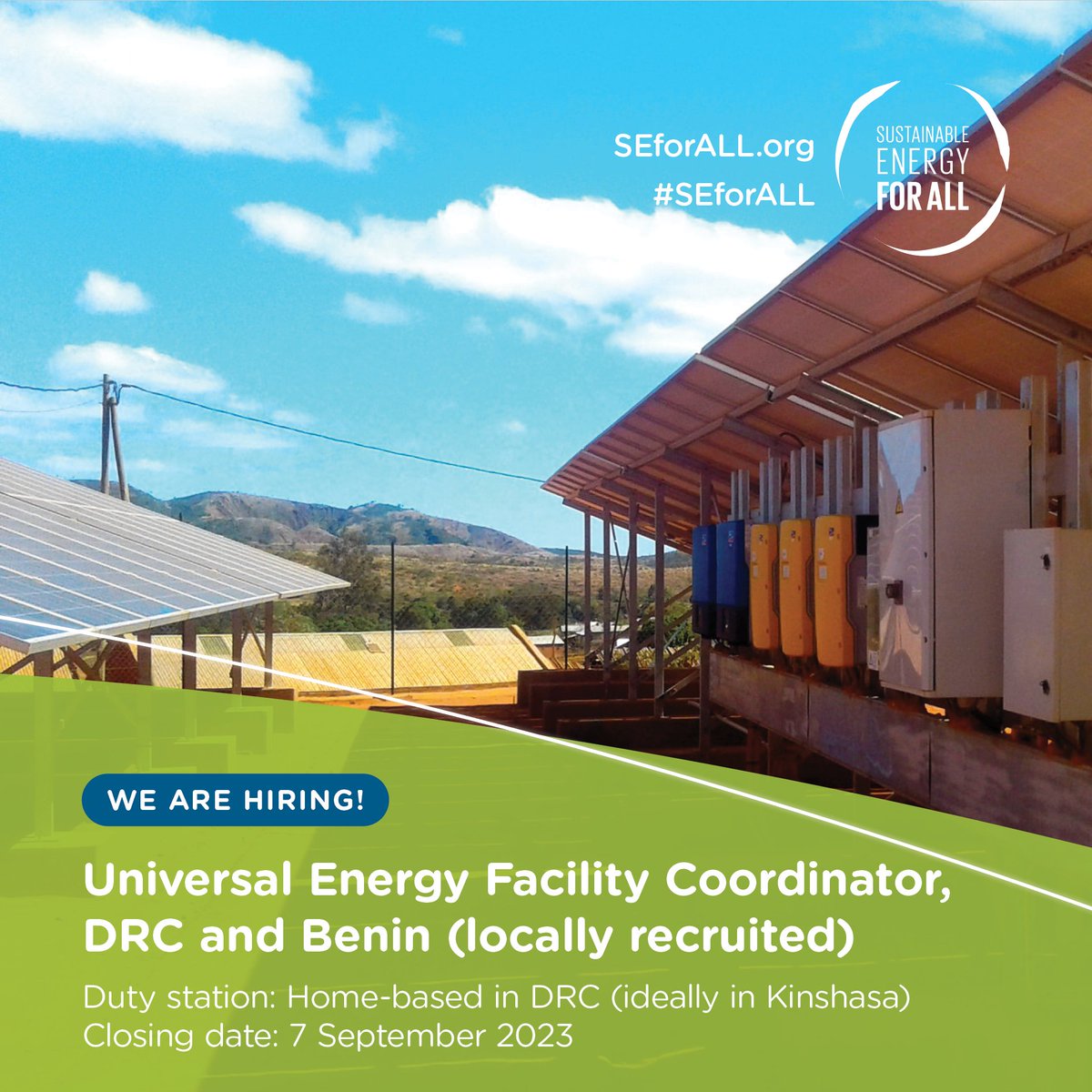 📢 We are hiring! We are seeking for a Universal Energy Facility (UEF) Coordinator for the DRC 🇨🇩 and Benin 🇧🇯 Closing date: 7 September 2023 Click here to find out more and apply 👉 ow.ly/HtVl50PER66 #vacancy #DRC #Benin