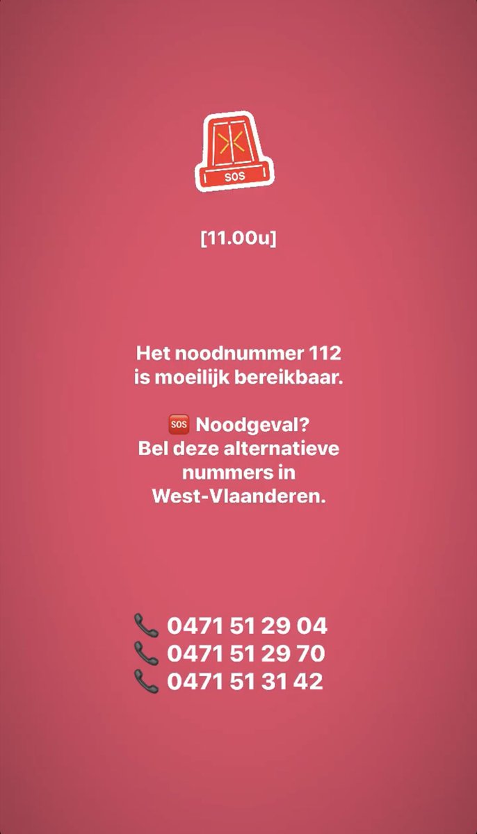 [update 11u] Het noodnummer 112 is moeilijk bereikbaar. 🆘 Noodgeval? Bel deze alternatieve nummers in West-Vlaanderen. 

📞 0471 51 29 04
📞 0471 51 29 70
📞 0471 51 31 42