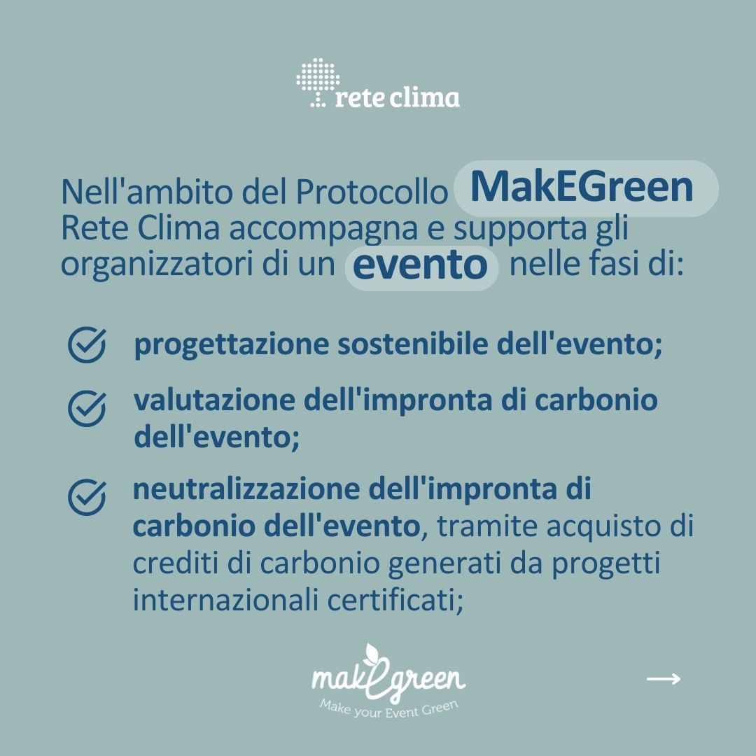 ReteClima's tweet image. Il Protocollo MakEGreen  di #ReteClima nasce per limitare l'impronta #ambientale degli eventi tramite la loro eco-progettazione e per azzerarne l’impatto climatico tramite calcolo e gestione della loro carbon footprint. 👣 🍃
👉🏻Visita il nostro sito: reteclima.it