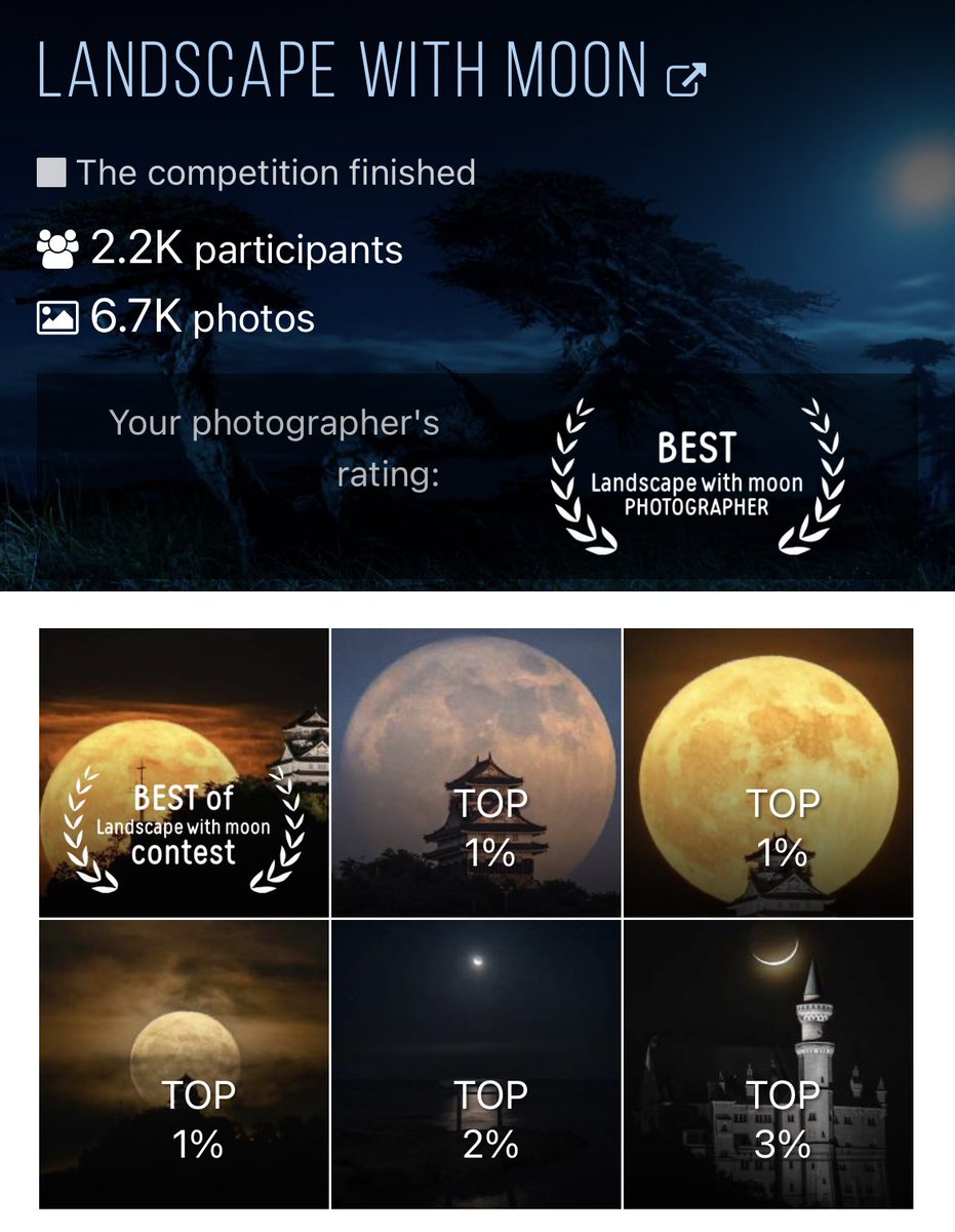 【ご報告】

35AWARDS
'Landscape with moon'competition

🏆Best Photographer
🏆Best of contest

を受賞致しました！

証明書の背景にも私の写真が2枚✨
撮り続けている月城の写真で受賞できて嬉しいです🏯🌕

35awards.com/9th/page/conte…