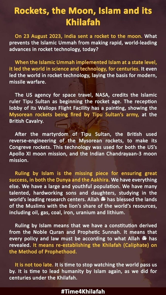 farazmfateh's tweet photo. Do you know that the technology used in Indian Chandrayaan-3 & US Apollo XI moon mission is credited to Islamic ruler Tipu Sultan?
Do you know that NASA paid tribute to Islamic ruler Tipu sultan for his contribution (pioneer) of rocket technology?
#MoonMission #IslamicRule https://t.co/0eM3h5UCTv