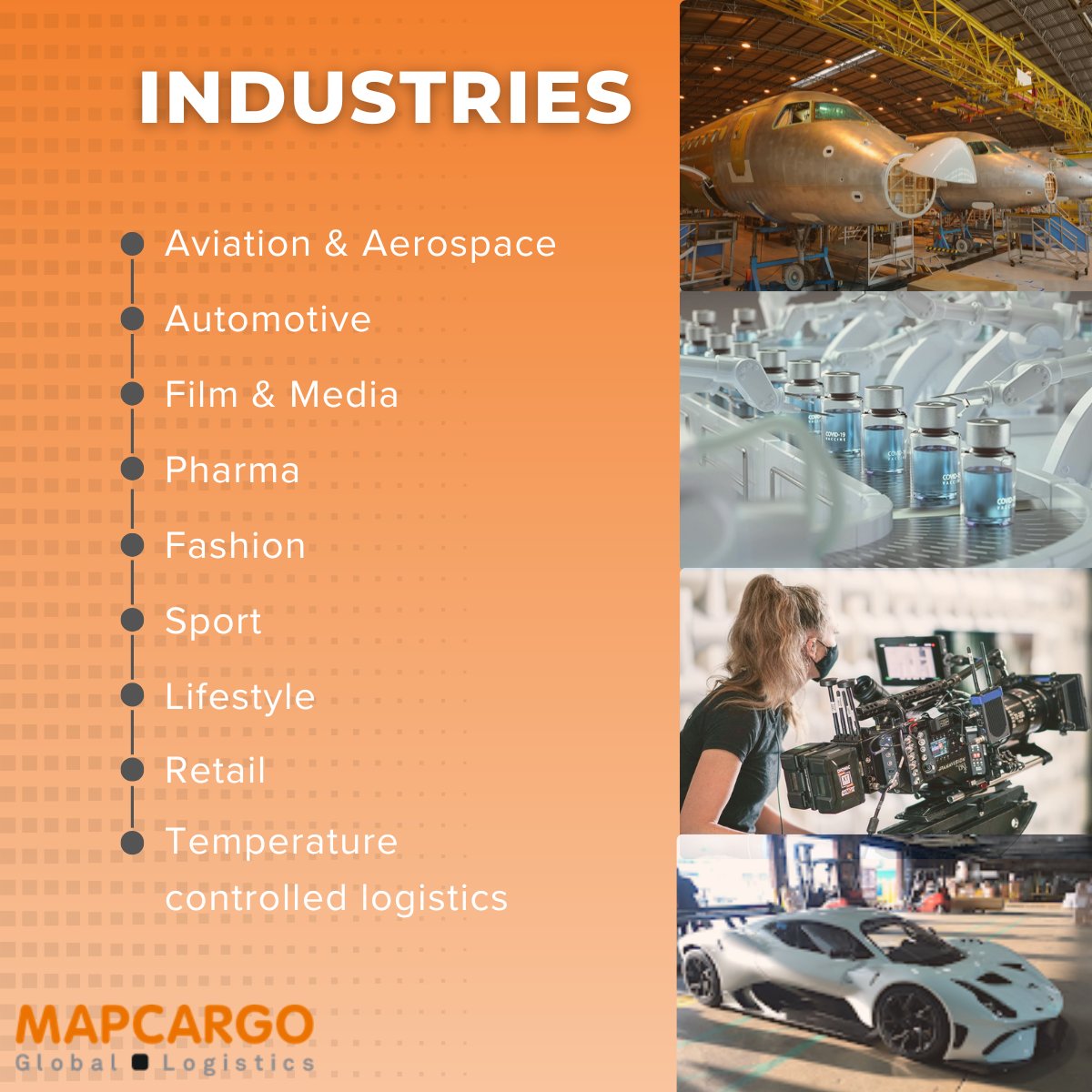 Follow us to find out more about the industries we specialise in or contact our team if you are looking for support streamlining your logistics: sales@mapcargo.co.uk

#globallogistics #industries #supplychainpartner #aviation #automotive  #filmandmedia #pharma #fashion #sport