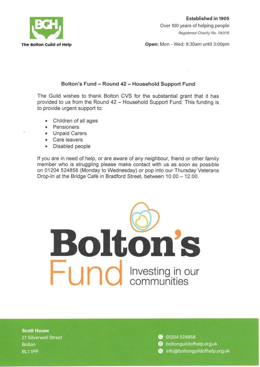We would like to say a Big Thank You to <a href="/BoltonCVS/">Bolton CVS</a> who have awarded us a Grant within their Round 42 - Household Support Fund.

This will make a massive difference to Bolton residents, currently facing financial crisis.