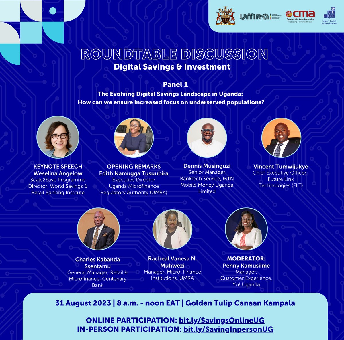 Our Programme Director <a href="/AngelowWeselina/">Weselina Angelow</a> will deliver a keynote speech at a Roundtable on "Digital Savings &amp; Investment" organized by <a href="/BOU_Official/">Bank of Uganda</a>, <a href="/UgMicrofinAuth/">Uganda Microfinance Regulatory Authority (UMRA)</a>, <a href="/CmaUganda/">CMA Uganda</a> and <a href="/UNCDF/">UNCDF</a>. Join this enriching virtual event tomorrow at 8:00 am EAT through:undp.zoom.us/meeting/regist…