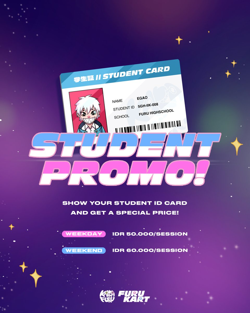 furukart's tweet image. 📢 ATTENTION STUDENTS 📢

We have a special price just for you! 😉
Make sure to bring your valid/active Student ID Card and get a special price for weekdays &amp;amp; weekends!

This promo is available at all of our branches.
Looking forward to racing with you! 🏎💨 #FuruKart