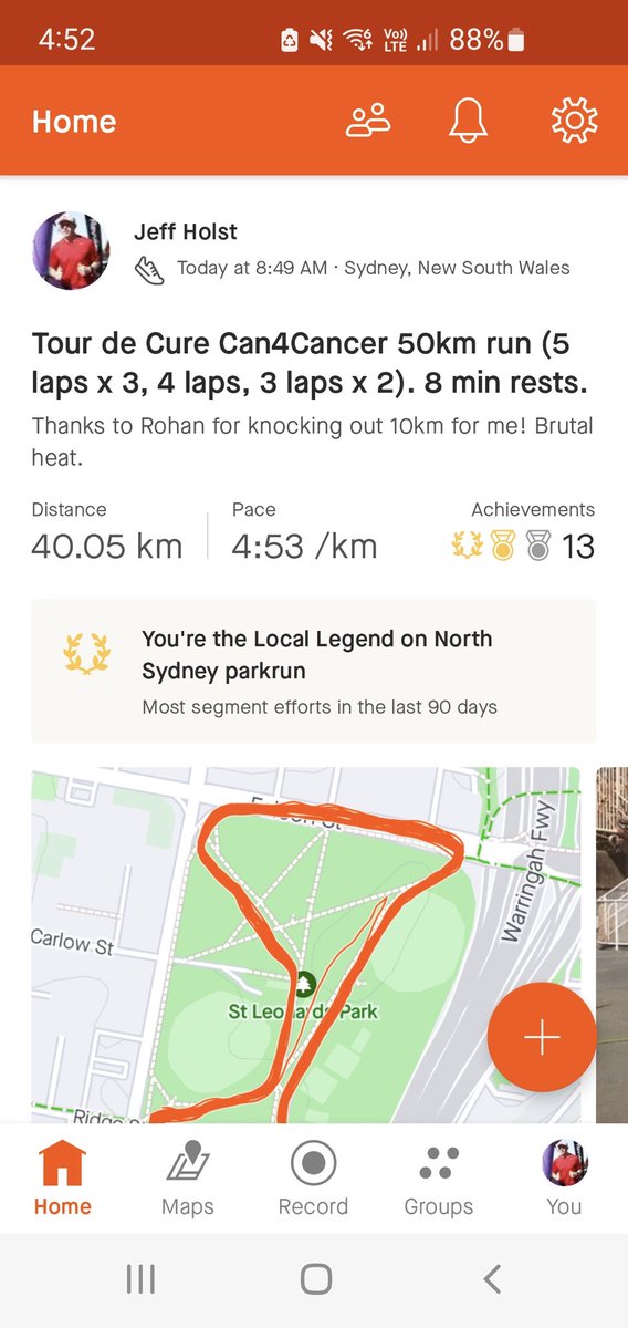 Great morning spent running for <a href="/tourdecure_aus/">Tour De Cure</a> #Can4Cancer. 

Special thanks to Rohan for pitching in the extra 10km to get us to 50km. 

You did amazing for someone who finished a course of chemo for #GBM just 4 days ago!

Donate here:
tourdecure.grassrootz.com/can4cancer-syd…