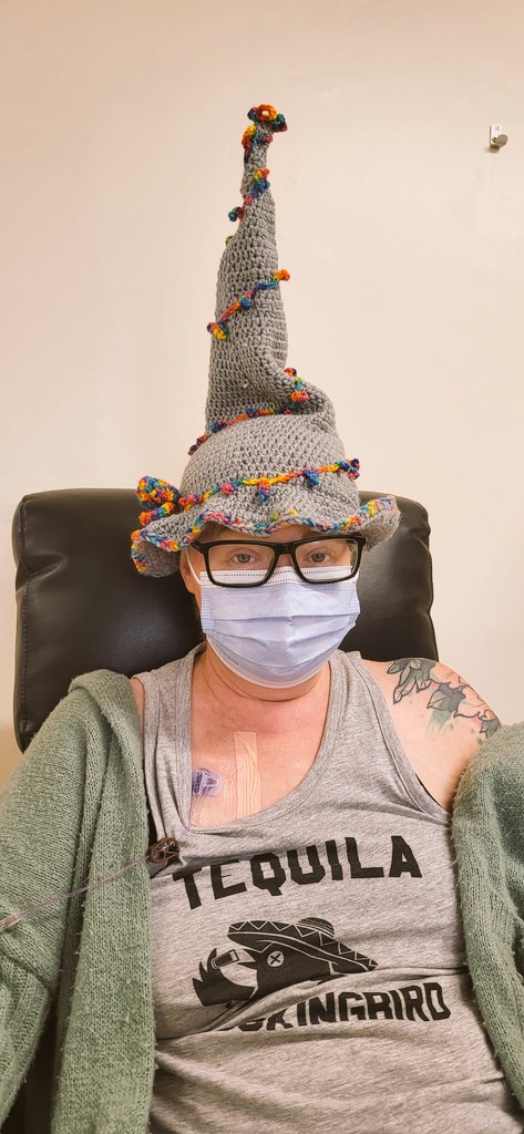Yesterday's #chemo #hat thanks to my mate Fiona! #crochet hat to bring some colour to the room