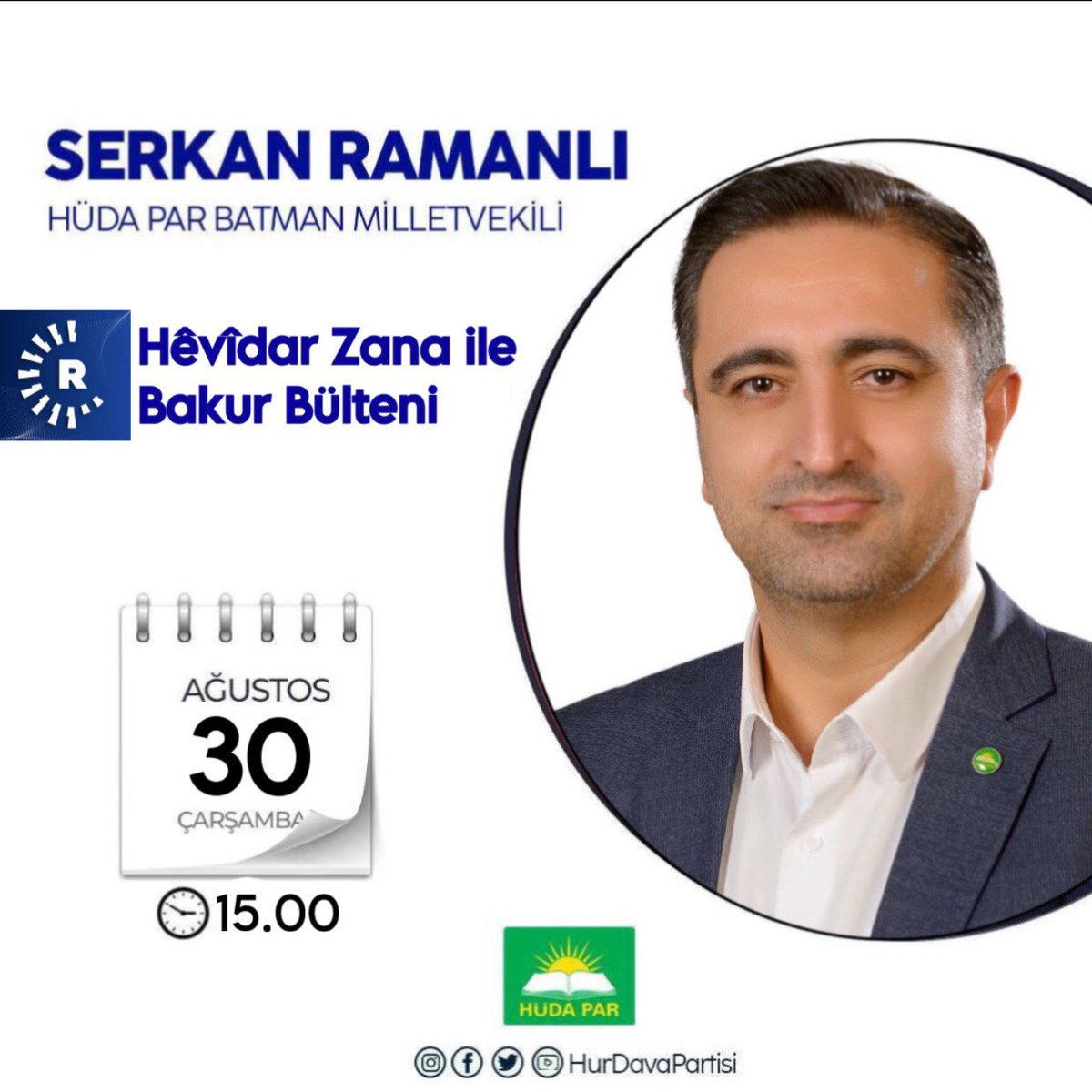 Genel Başkan Yardımcımız Sayın Serkan Ramanlı saat 15.00’te Rudaw TV’de Hevîdar Zana’nın konuğu olacaktır. İyi seyirler dileriz. #HÜDAPAR