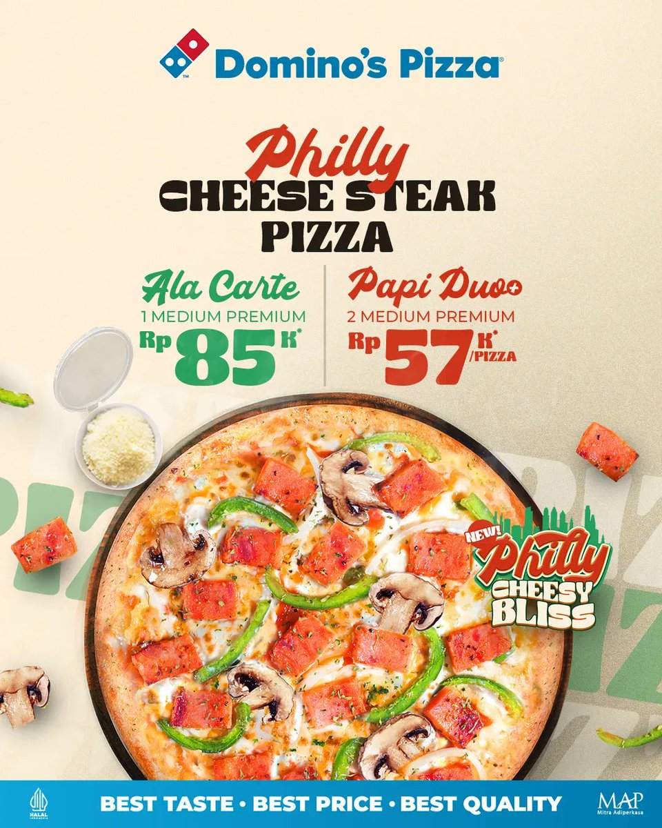 dominos_id's tweet photo. Triple Treat!! Cheesy, Creamy &amp; Meaty Goodness 😋 

NEW!! PHILLY CHEESE STEAK PIZZA. 
Medium mulai 85K/pizza atau SAVE 36% dengan 'PAPI DUO+' Paket 2 Pizza Medium apa saja HANYA 57K/pizza.

#orderonline https://t.co/Oy9vosyy8Y #call 1500366 #cheese #creamy #cheesy #meatty https://t.co/qjc7Mz831t