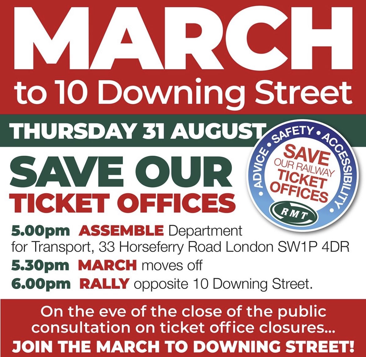 TOMORROW we march to Downing St to save ticket offices from closure across the UK!

Station staff are crucial for our members accessibility &amp; safety travelling for work and in everyday life. 

JOIN US as we make it clear to the Government that they must stay open!

 📍DfT, 5pm