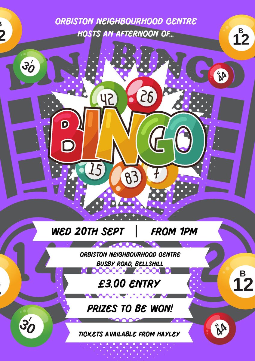 Join us for some fun and afternoon bingo on Wednesday, 20th September, £3 entry, if you would like a ticket contact Martin or Hayley on 01698 842 215
