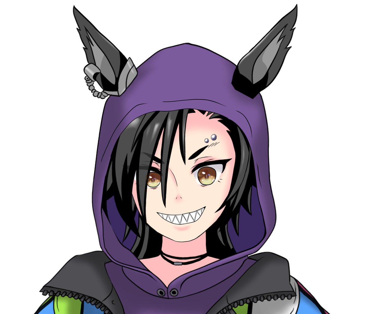 1girl eyebrow piercing sharp teeth black hair teeth solo animal ears  illustration images