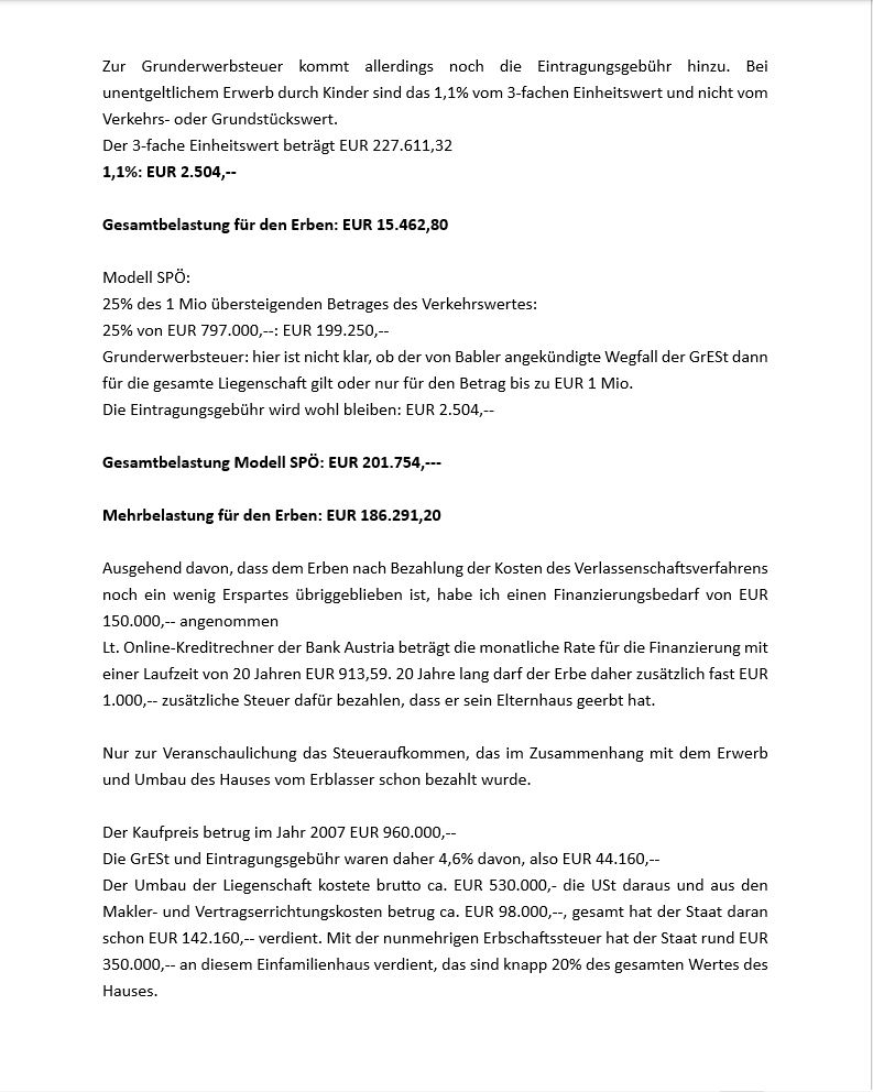 Kleine Berechnung Erbschaftssteuer Modell SPÖ anhand eines konkreten Beispiels.