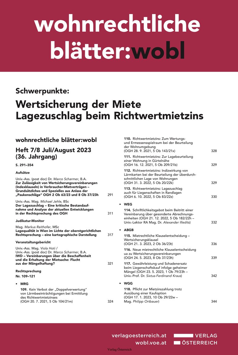 michaeljehle's tweet photo. In der aktuellen Ausgabe der Wohnrechtlichen Blätter ist mein erster wissenschaftlicher Aufsatz (Der Lagezuschlag – Eine kritische Bestandaufnahme und Analyse der aktuellen Entwicklungen in der Rechtsprechung des OGH, wobl 2023, 311 ff) erschienen. Check this out!

@uniinnsbruck https://t.co/F8AQESSTXo