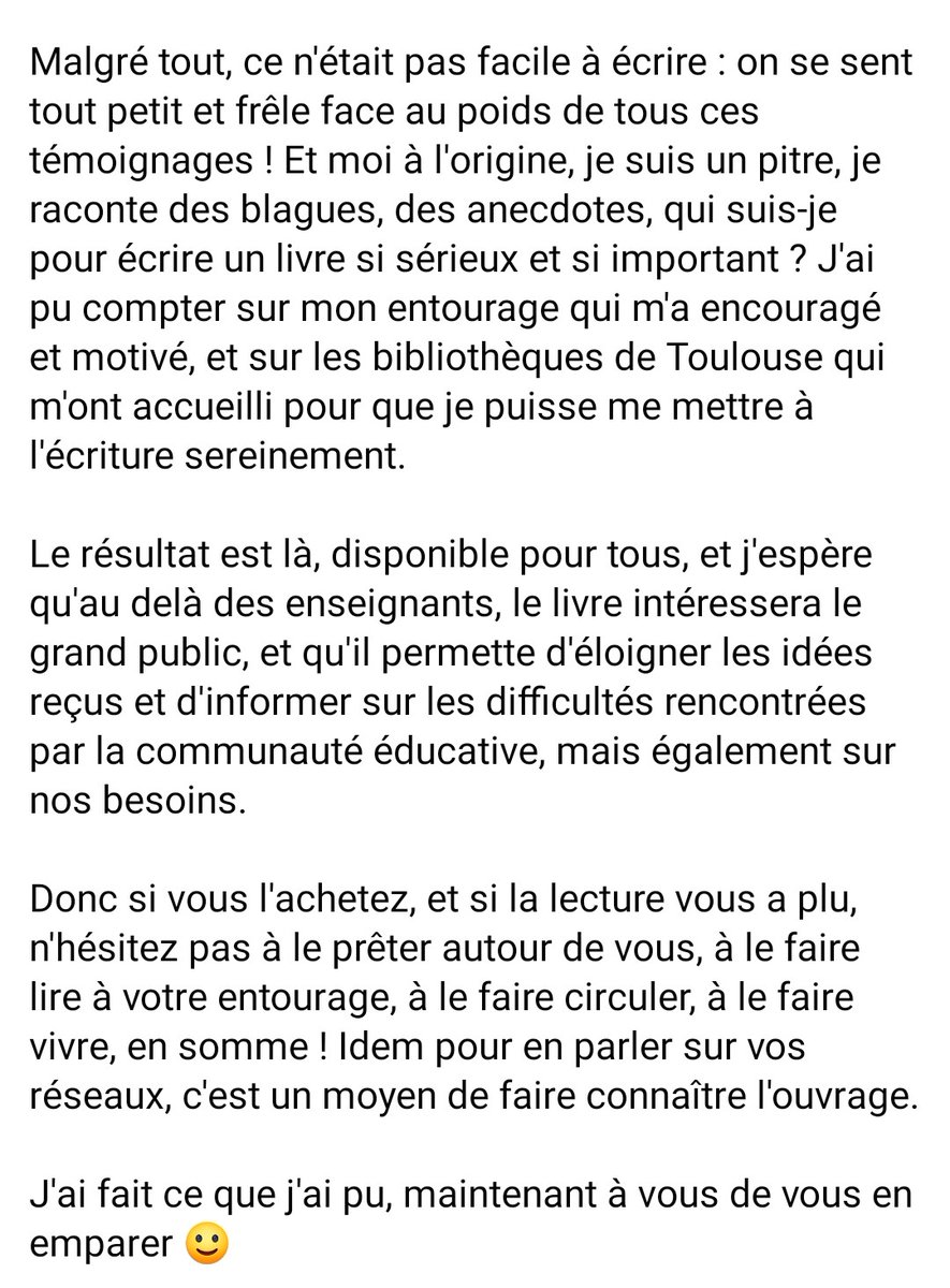 L'ex plus beau métier du monde : un an de travail, 2400 témoignages de collègues de reçus, des AESH au chef d'établissement en passant par les profs, CPE, infirmière scolaire , une centaine sélectionnés pour cet ouvrage de 440 pages disponible dès aujourd'hui en librairie.