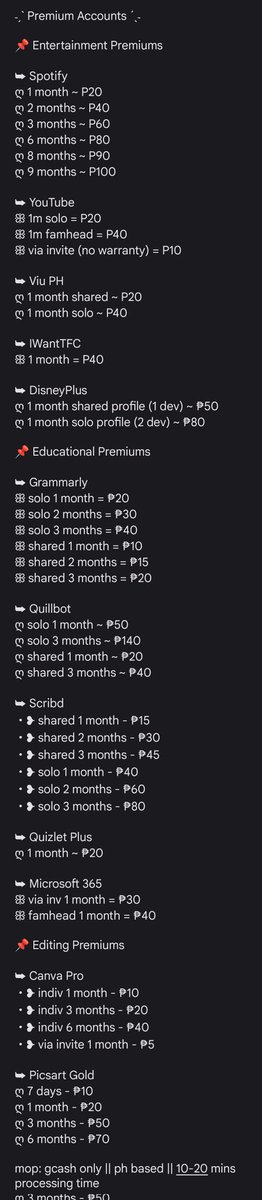 Premium Accounts for Sale 📌

kapag wala po sa list, ask for availability nalang. thanks a bunchhh! 🤍

all accounts are made to order and will take 10-20 mins more or less of processing depending on the account ordered.

mop: gcash only ! 

dm for inquiries. 📩