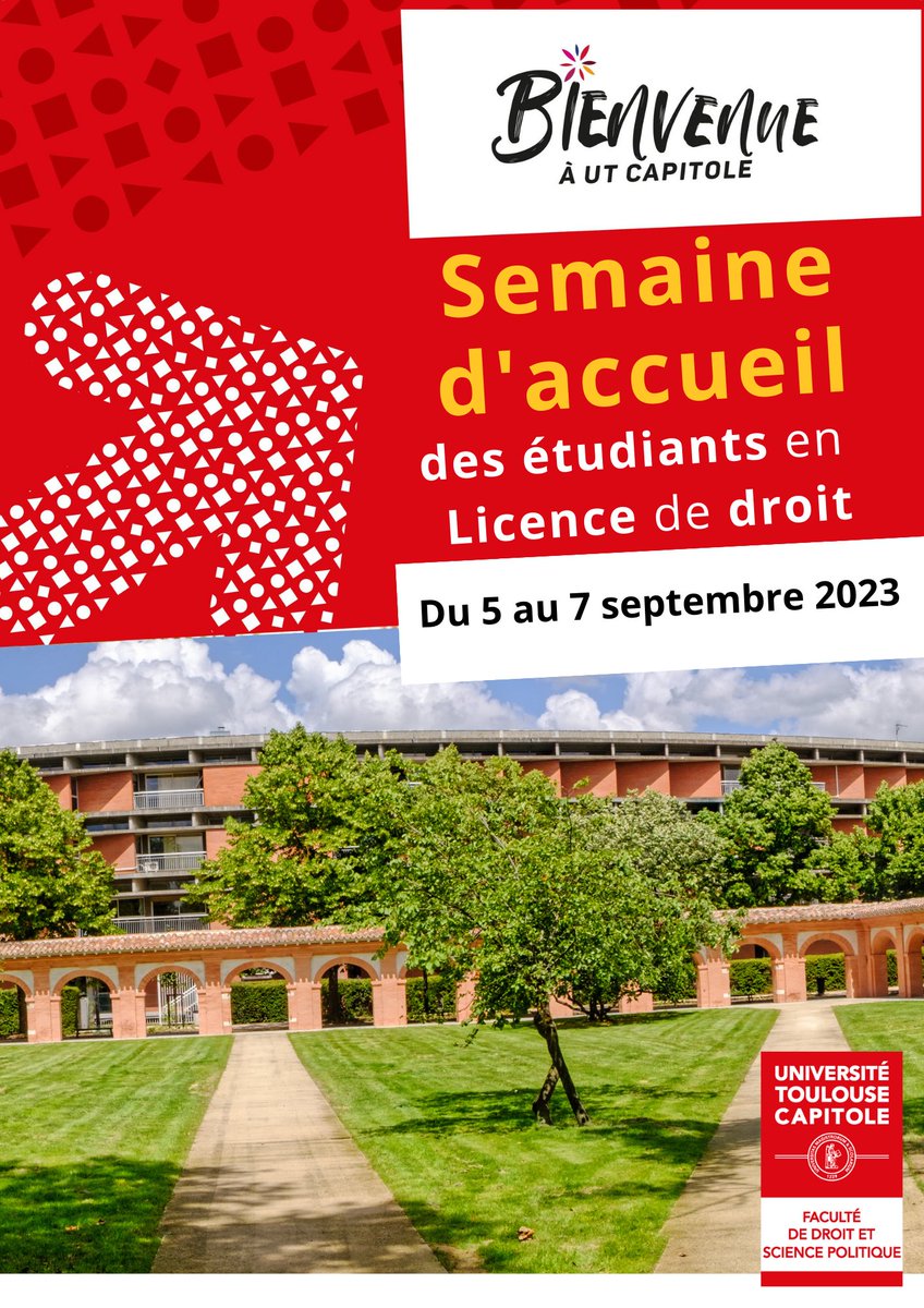 ⭕️📢La @Fac_droit_tlse organise une semaine d'intégration pour accueillir au mieux ses étudiants primo-entrants en licence de #Droit. Plusieurs activités seront organisées pendant 3 jours et seront l'occasion parfaite de découvrir son nouveau campus 👌
👉urlz.fr/nnVC