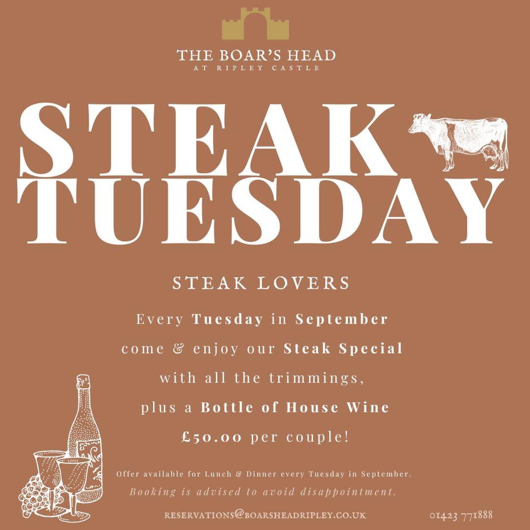 📣 CALLING ALL STEAK LOVERS! 🐮

Book now &amp; join us for our first STEAK special on Tuesday 5th September. 🎉 

🚨Our first special is a delicious Sirloin Steak with Peppercorn sauce. 

🐗Book online: opentable.co.uk/r/the-boars-he…
🐗T: 01423 771888  E: reservations@boarsheadripley.co.uk