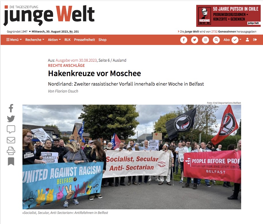 German publication @jungewelt covered the erection of nazi flags & Saturday's Dunmurry rally. It's behind pay wall but the rally is rightly described as 'a necessary act of solidarity'. Thanks to the organisers: @BelfastUar & everyone who took part. jungewelt.de/artikel/457947…