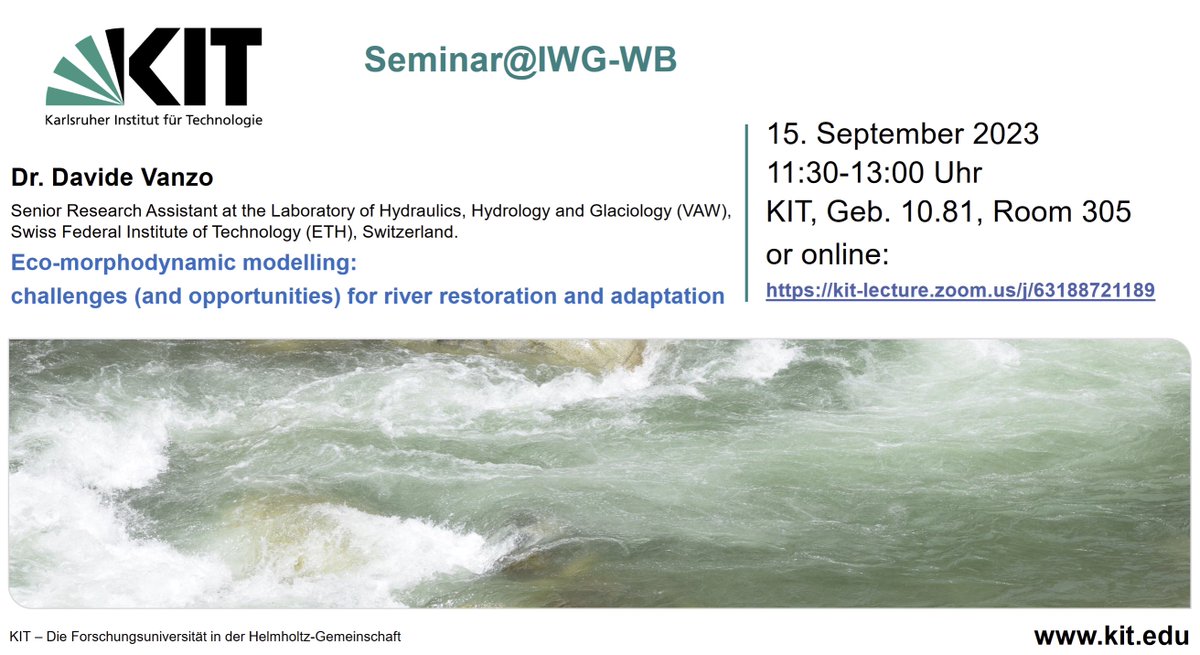 Mario_J_Franca's tweet photo. Our next seminar
Eco-morphodynamic modelling: challenges (and opportunities) for river restoration and adaptation
Davide Vanzo @davidevnz

15.Sep 11:30
KIT or online: https://t.co/v8w7HEaxRd

@KITKarlsruhe
#TheodorRehbockLabor
#ecohydraulics
@VAW_hydraulics @ETH_en
@ECoENet @IAHR https://t.co/AH7gJBYquJ