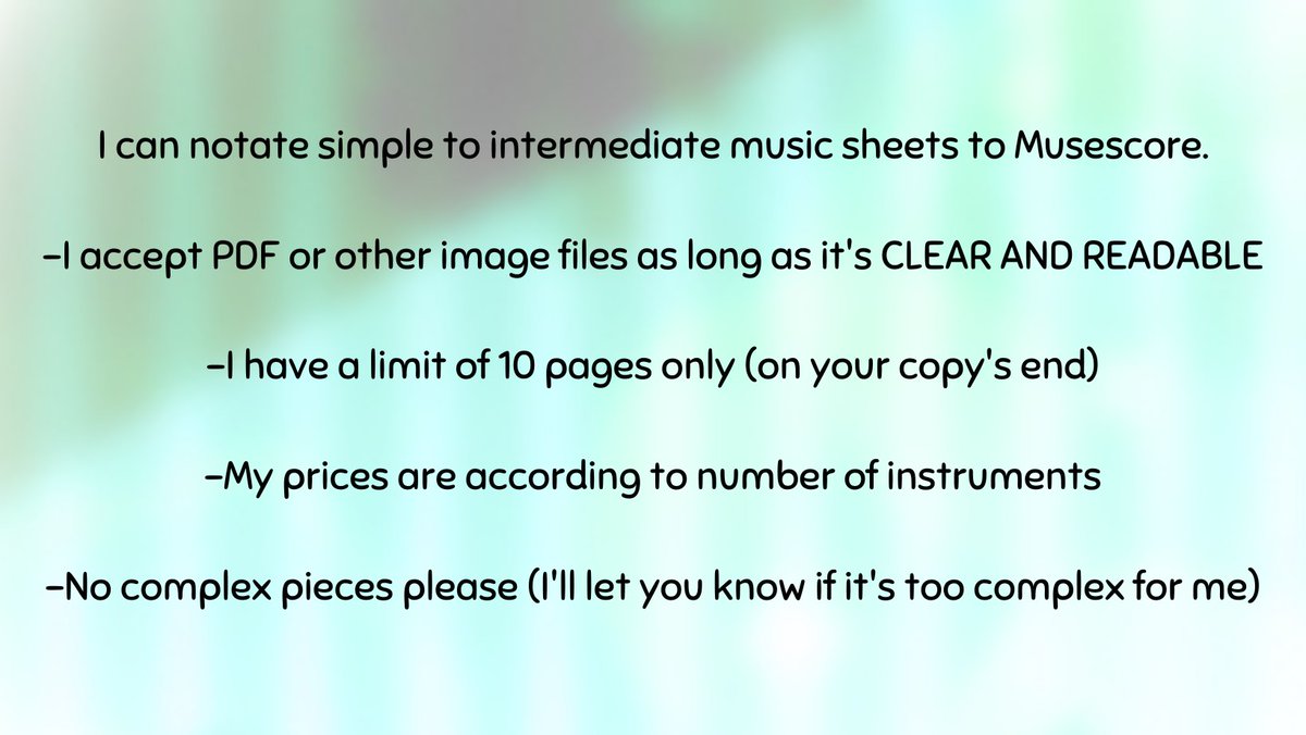 notSweetSonglol's tweet photo. OPENING COMMISSIONS!!
Hi there! Got a music sheet that you just gotta put to Musescore? Let me do the job for you!
I can notate simple to intermediate music sheets to Musescore.

Price starts at $5
File types upon request: MSCZ, PDF, MP3/WAV, MIDI https://t.co/wuCyk8wIVU