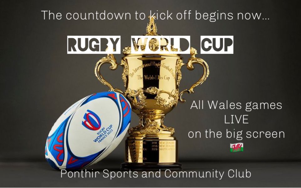 The countdown begins… 🏉🏟️

The Rugby World Cup starts Friday 8th Sept. 

The club will be showing ALL Wales games on the big screen, and all other matches that are on during normal opening hours.

Come and support the boys at your local sports and community club!