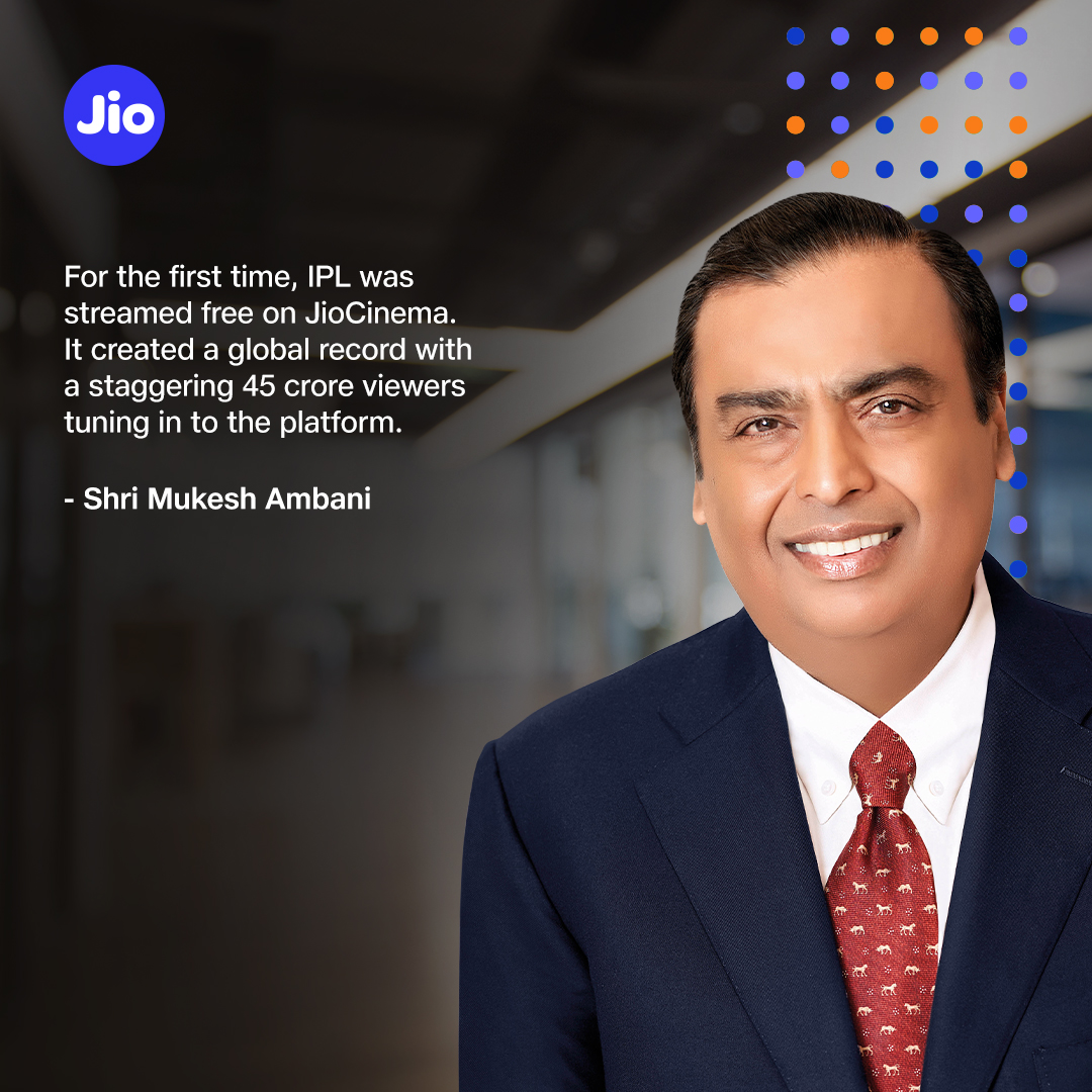 reliancejio's tweet photo. Shri Mukesh Ambani highlights the achievements of JioCinema in sports viewership, AR/VR integration and world-class entertainment.
#RILAGM2023 #RILAGM #Reliance #Jio #JioTrue5G #DigitalIndia #DigitalTransformation #JioDive #AR #VR #JioCinema #IPLonJioCinema https://t.co/EW4iFzFszJ