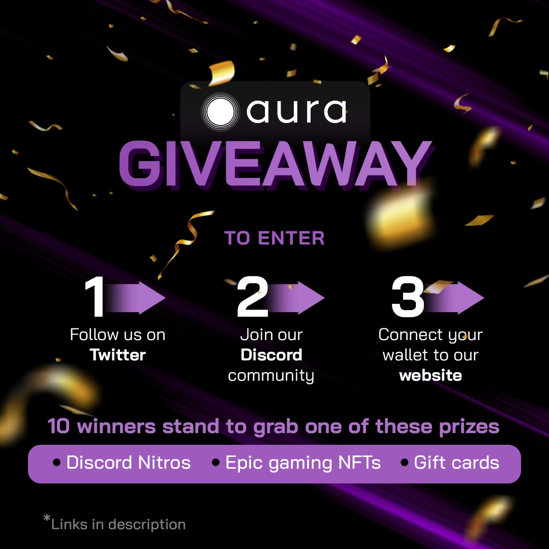 🚨 We're back with another epic #Giveaway 🥳🎉
Click on the link below, follow the 3 steps, and stand a chance to be 1 of the 10 lucky winners of #DiscordNitros, #NFTs &amp; gift cards! 🎁😎

You've got 7 days to go⏳ Take part now: gleam.io/QJ50j/aura-nft…

#NFTGiveaway #NFTCommunity