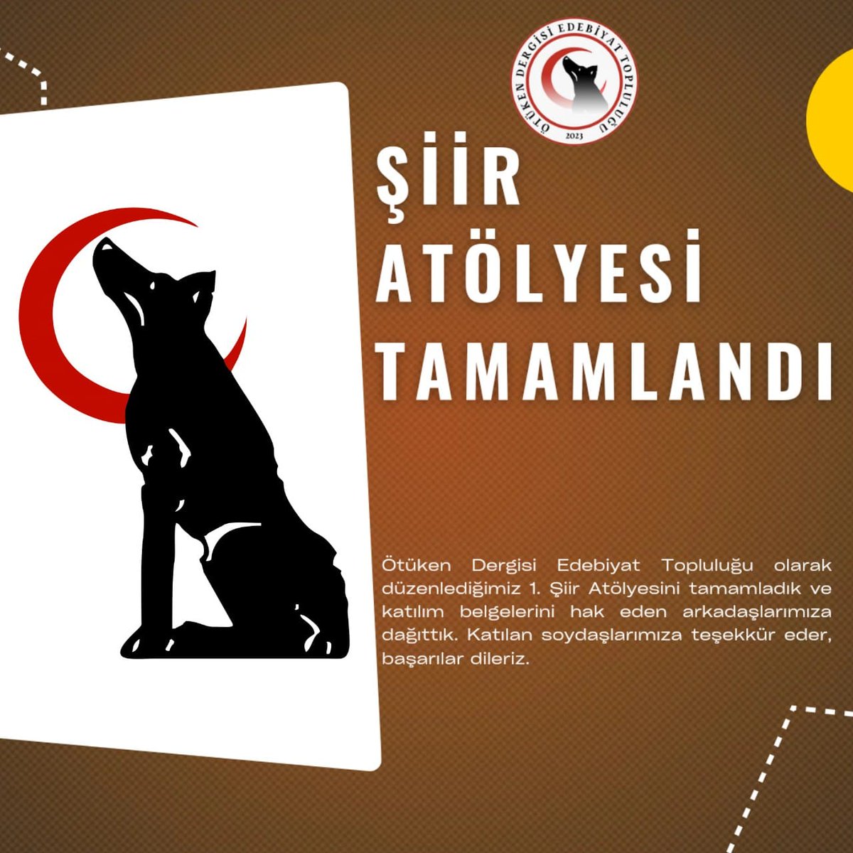 Ötüken Dergisi Edebiyat Topluluğu adına düzenlenen 1. Şiir Atölyesi tamamlandı. Katılan soydaşlarımıza teşekkür eder, başarılar dileriz.

<a href="/otukendergisi/">Ötüken Dergisi</a>
#ötükendergisi #ötükenokuyoruz